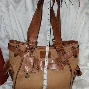 FOSSIL Tan Canvas Leather Tote Bag Purse Long Live Vintage 1954 Shoulder